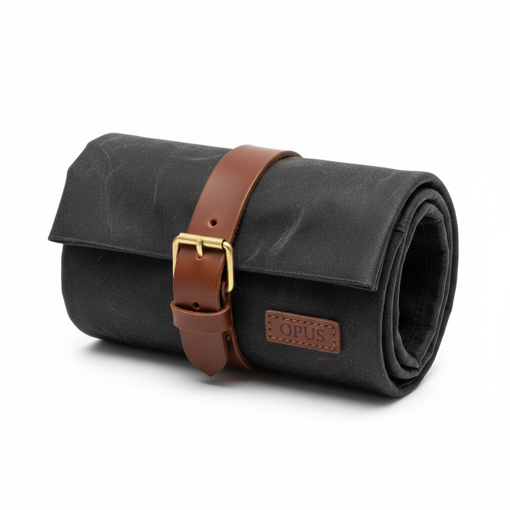 Opus Waxed Canvas Tech Roll Charcoal - closed rolled view