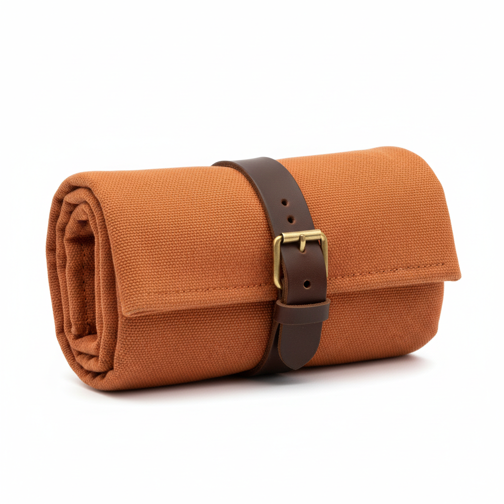 Opus Adventure Toiletry Roll Burnt Orange - closed rolled view