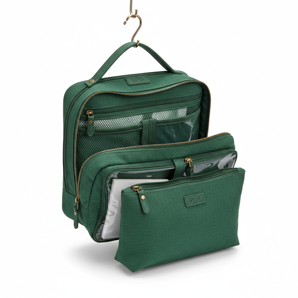Opus Hanging Toiletry Bag Forest Green - open hanging view