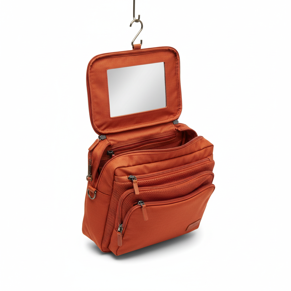 Opus Hanging Wash Bag Terracotta - open hanging view